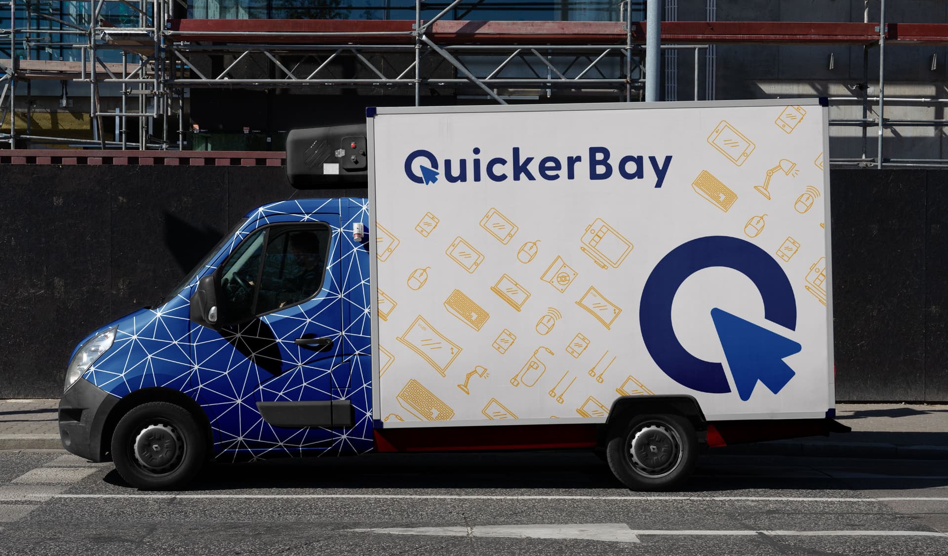 Delivery van branded with the logo of Quicker Bay